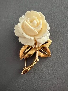 D’Orlan Carved Celluloid Rose Brooch Vintage Ivory And Gold Toned
